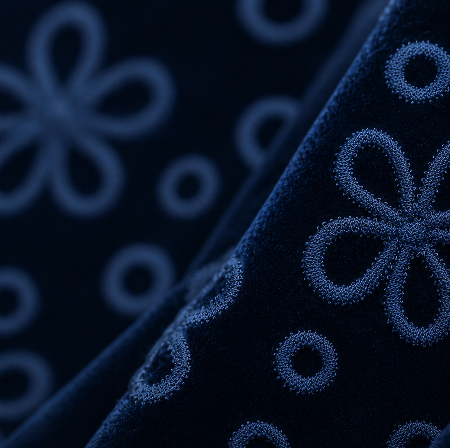 Close-up of dark blue fabric with intricate floral patterns on a matching background