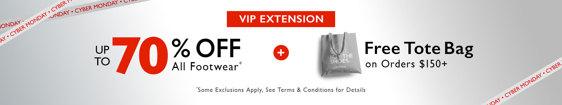 Promotional banner with 70% off footwear offer and free tote bag with red and white text on a gray background.