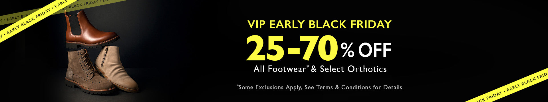 Promotional banner for VIP Early Black Friday sale with shoes and text on a dark background